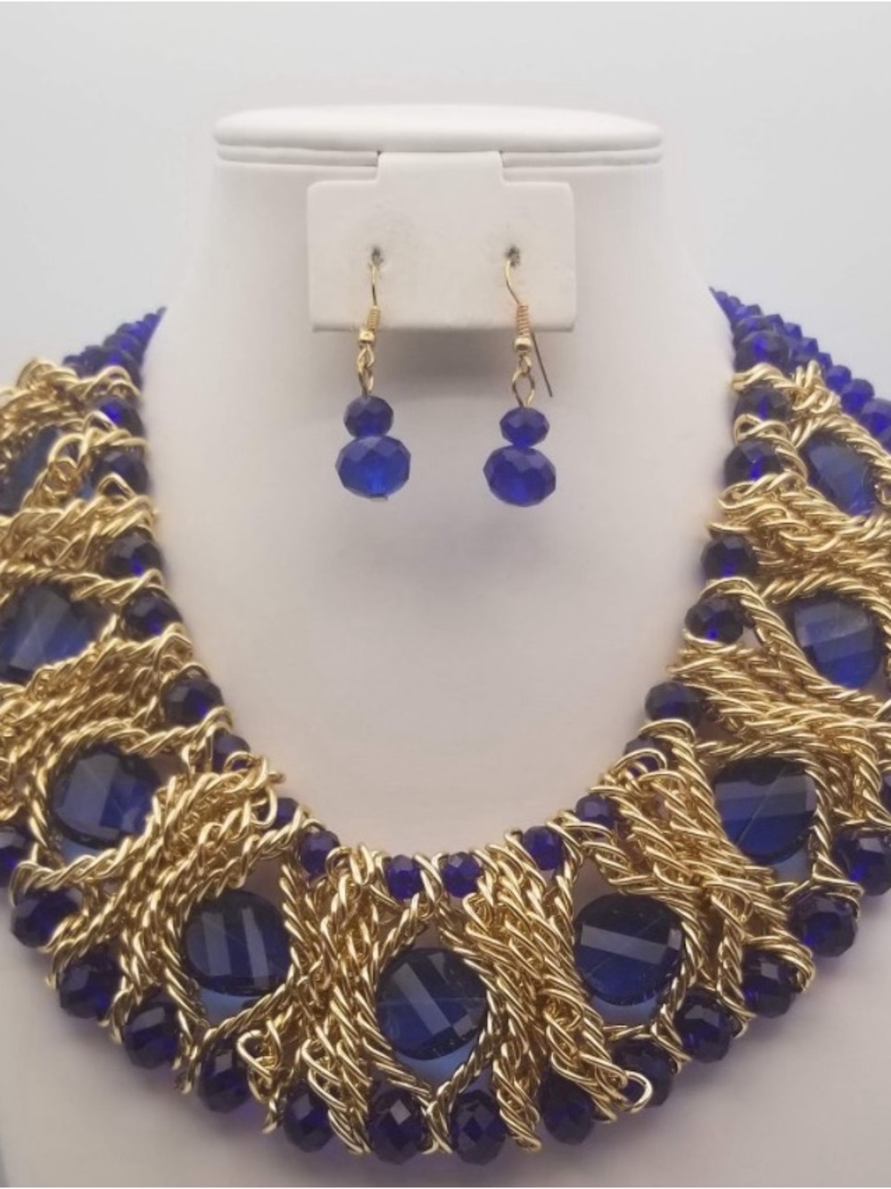 Gold Chain and Royal Blue Crystal Statement Necklace with Matching Earrings
